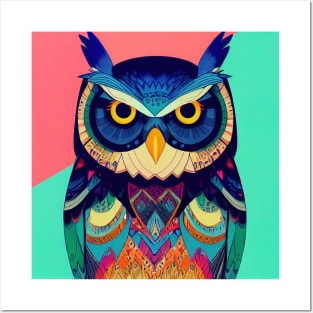 Colorful Owl Portrait Illustration - Bright Vibrant Colors Bohemian Style Feathers Psychedelic Bird Animal Rainbow Colored Art Posters and Art